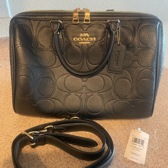 Coach Handbags - Coach Black Pebbled Leather Signature Embossed Satchel